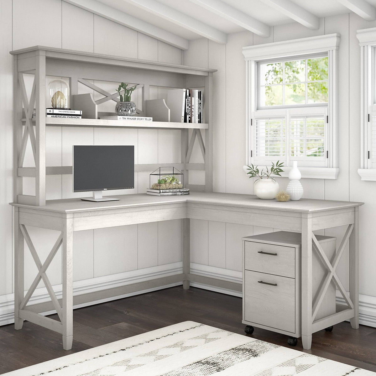 Linen White Oak L Shaped Desk with Hutch and 2 Drawer Mobile File Cabinet E3568