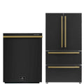 36 Refrigerator and Dishwasher in Black with Antique Brass Handles D812
