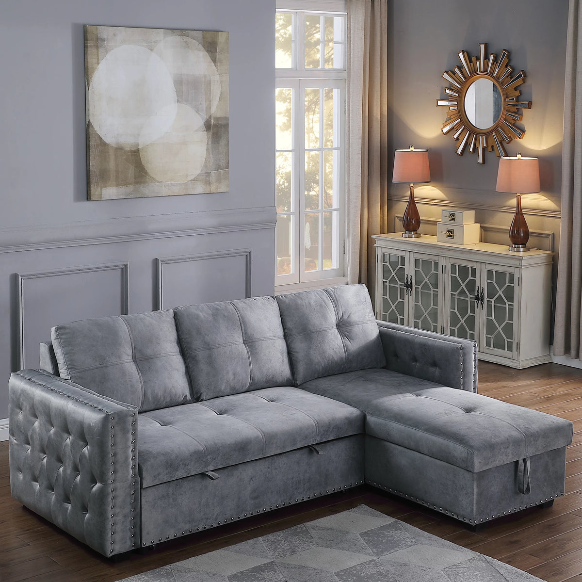 Velvet Gray Reversible Sectional Sleeper Sofa with Storage H150