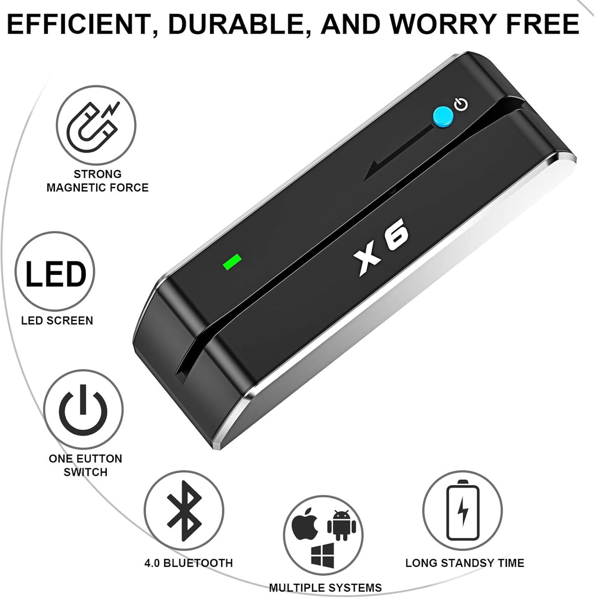 X6 BT Bluetooth Magnetic Card Reader Writer USB 3 Tracks Swipe Encoder V24838