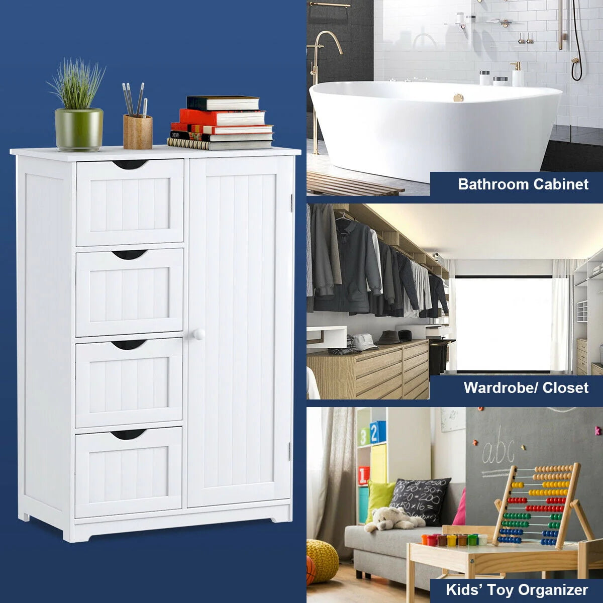 White 4 Drawer Wooden Bathroom Cabinet W9942