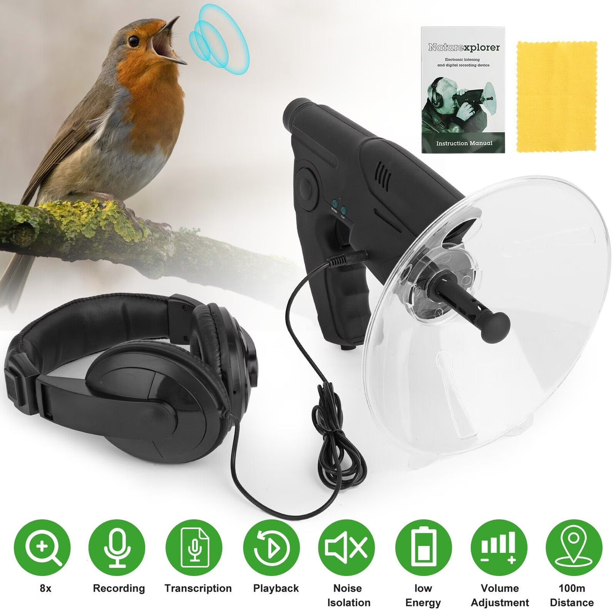 Parabolic Sonic Listening Device Microphone Amplifier 8X Bionic Ear N262
