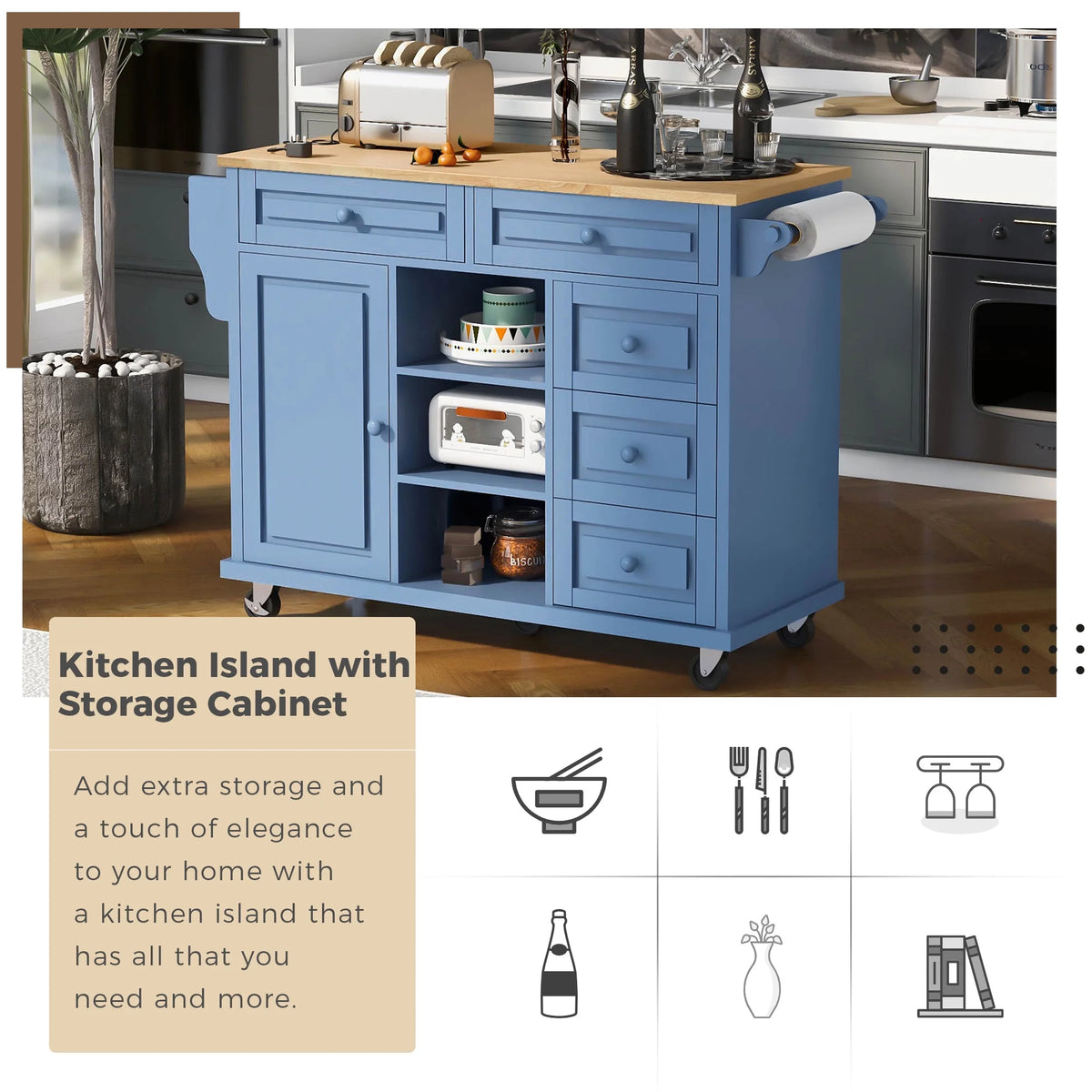 Mobile Kitchen Island Cart with Doors Drawers S7378
