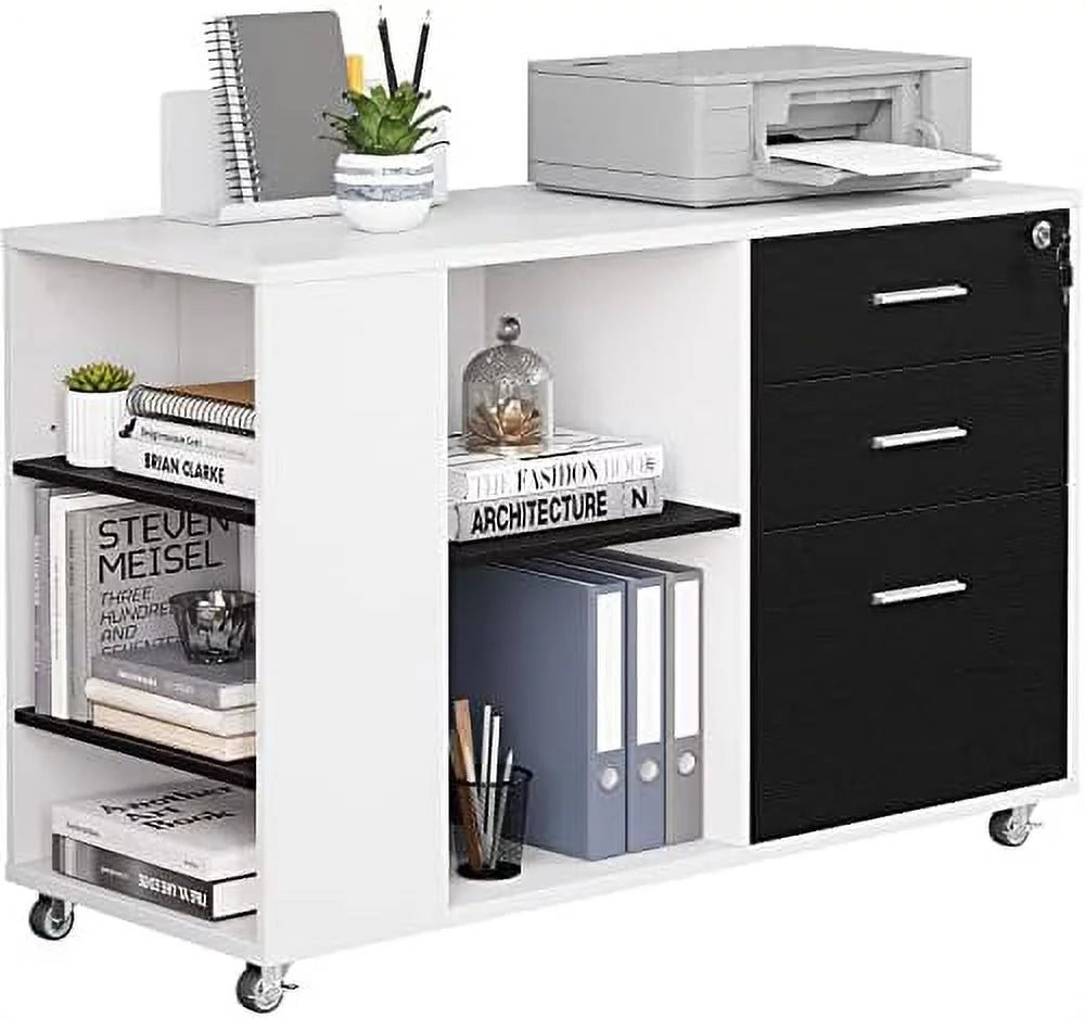 Black & White 3 Drawer Wood File Cabinet with Lock F6958