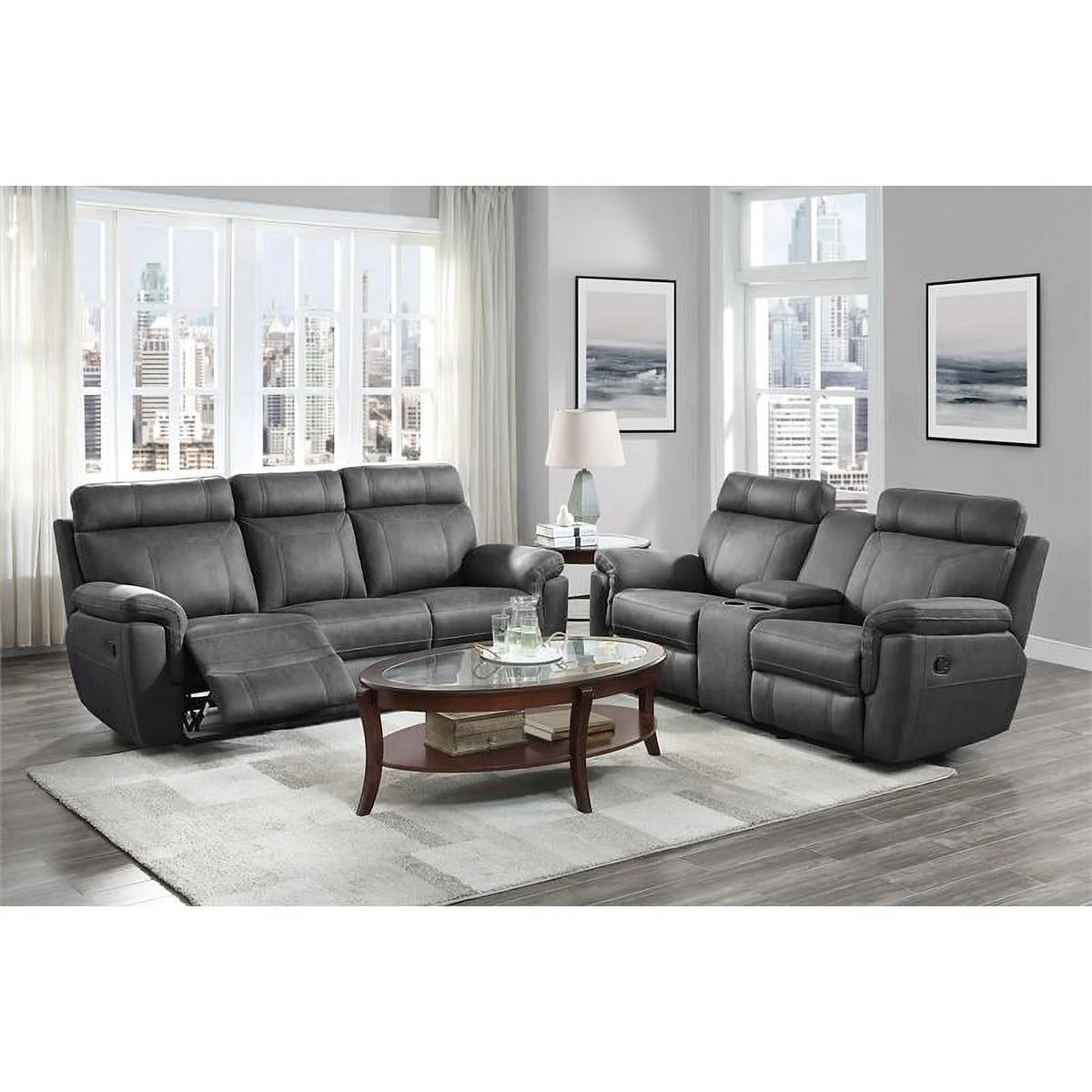 Microfiber Double Reclining Sofa with Cup Holders in Gray W808