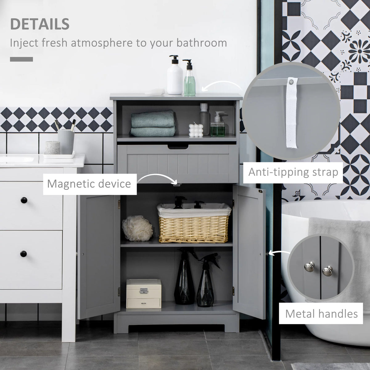 Grey Freestanding Bathroom Storage Cabinet with Drawer and Adjustable Shelf E4185