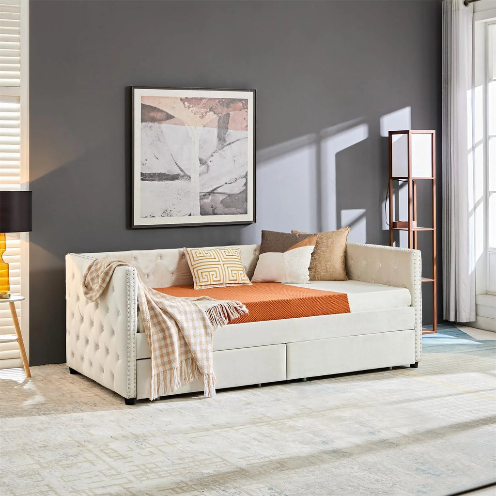 Velvet Upholstered Daybed with 2 Storage Drawers W57328