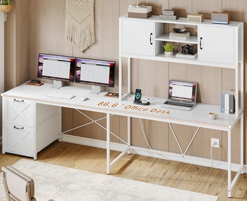 Black L Shaped Computer Desk with Fabric Drawers and Power Outlet T246
