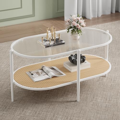 37" Rattan Oval Coffee Table, 2-Tier Storage Shelf Metal Frame B128