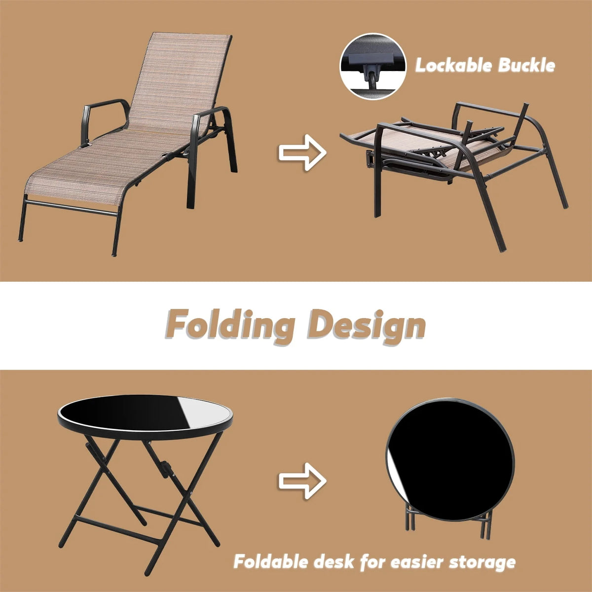 3 Pcs Adjustable Steel Outdoor Chaise Lounge Set with Tempered Glass K572370