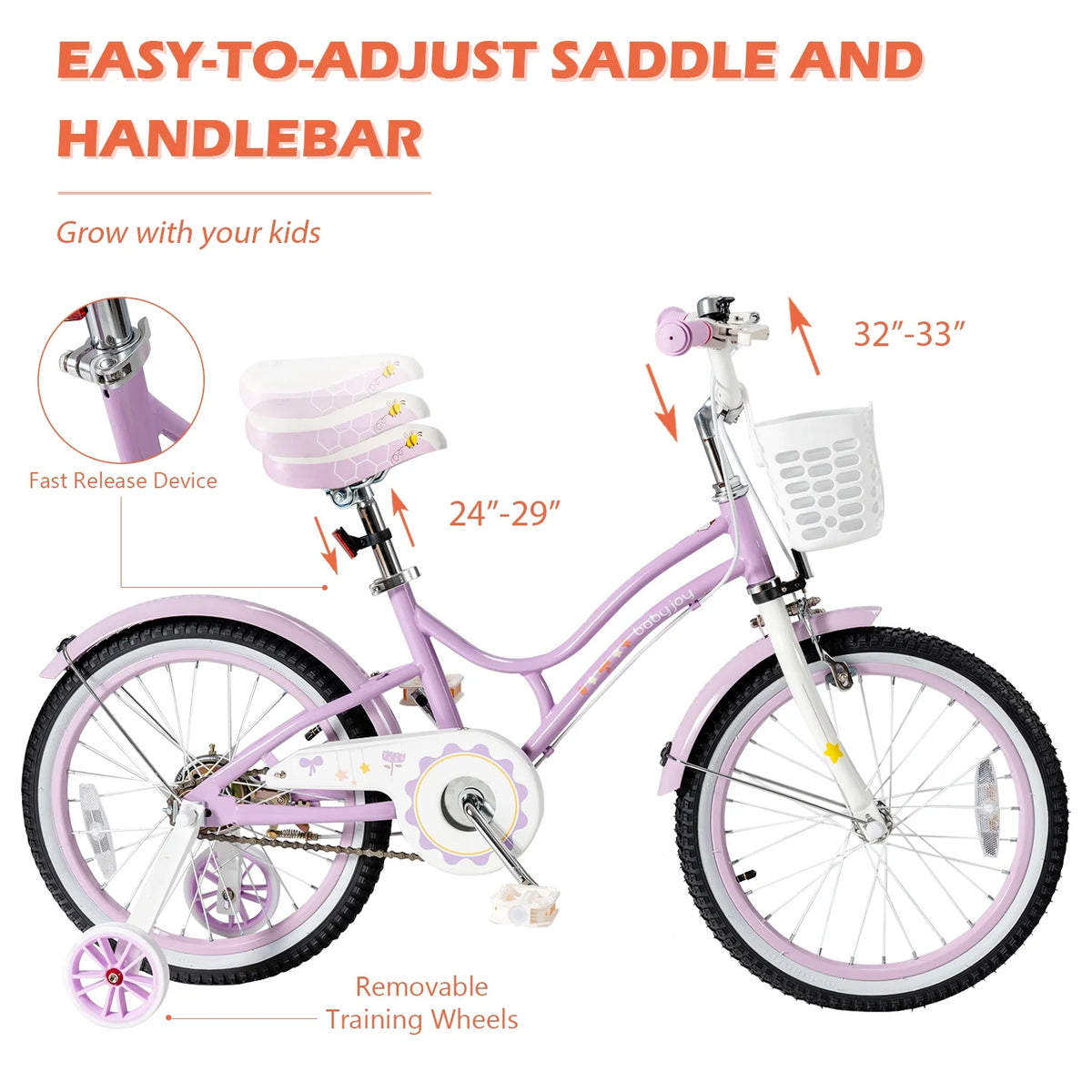 Kids Bike with Removable Training Wheels & Adjustable Seat Purple J98679