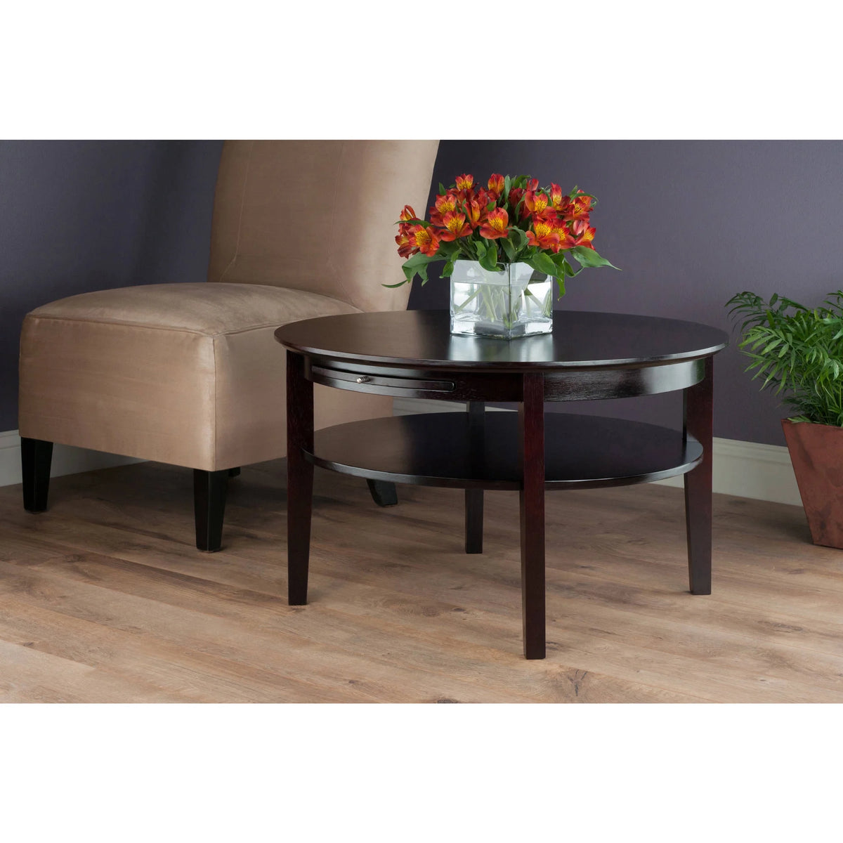 Espresso Finish Round Wood Coffee Table with Pull-Out Tray V794159
