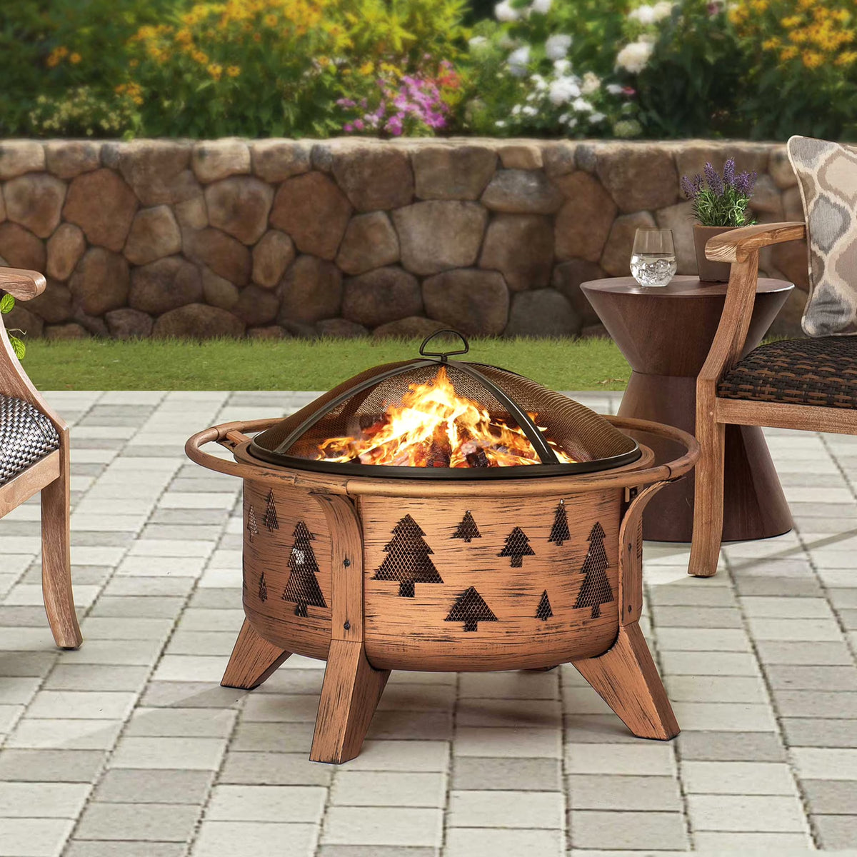 30 in. Outdoor Wood-Burning Steel Fire Pit with Spark Screen and Poker V43230