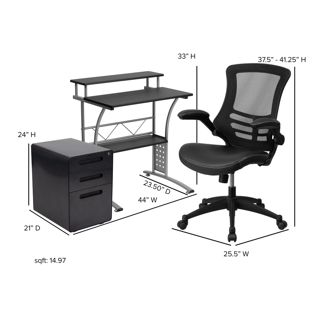 Black Computer Desk, Ergonomic Mesh Office Chair and Locking Mobile Filing Cabinet D76172