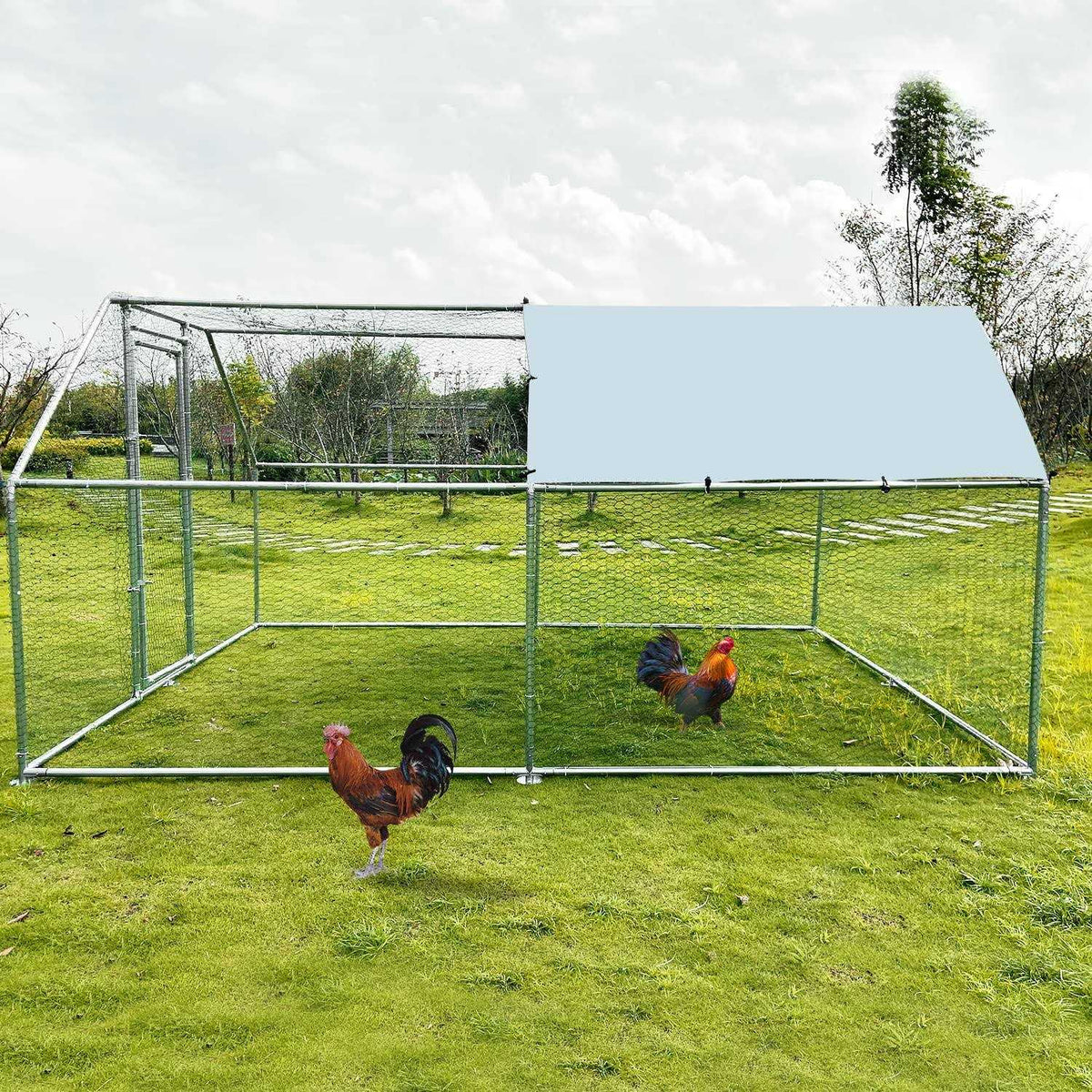 Large Metal Chicken Coop Walk-in Poultry Cage with Waterproof Cover O179381