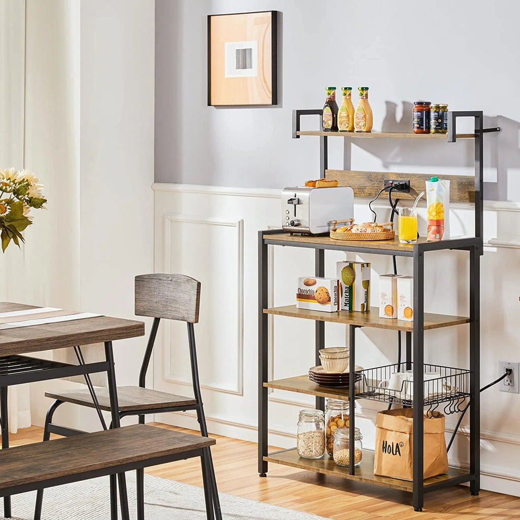 Rustic Brown 5-Tier Bakers Rack with Power Outlet J31143