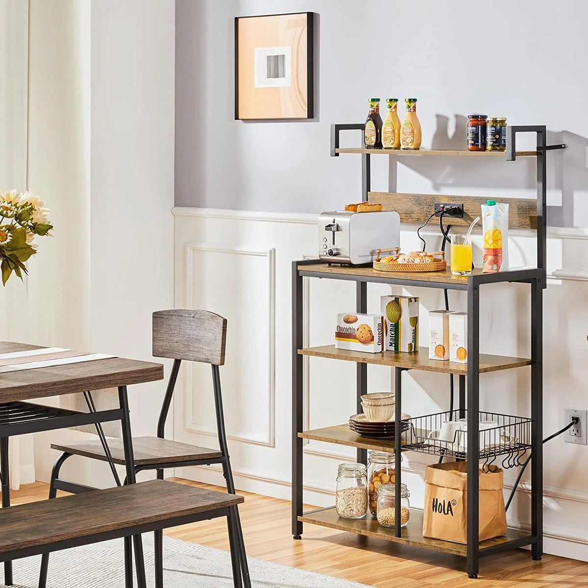 Rustic Brown 5-Tier Bakers Rack with Power Outlet J31143