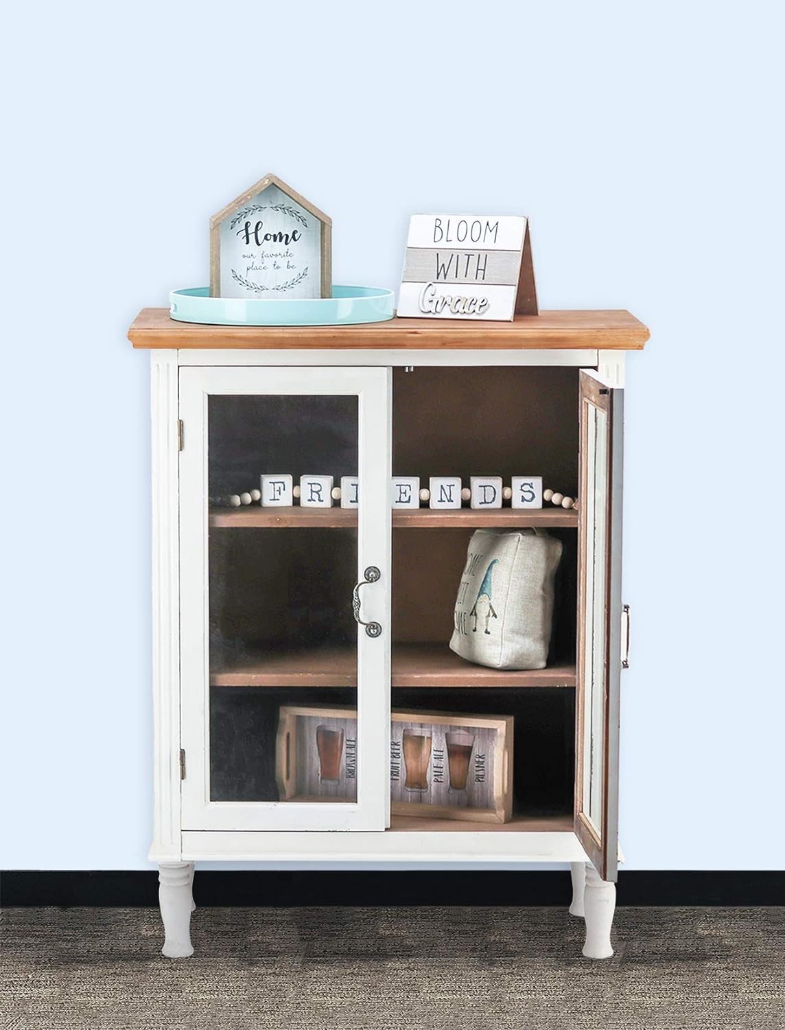 Rustic Farmhouse Buffet Sideboard Storage Cabinet with 2 Glass Doors, 3 Shelves, Natural Wood Top, Distressed White Cabinet, 42 H O8678