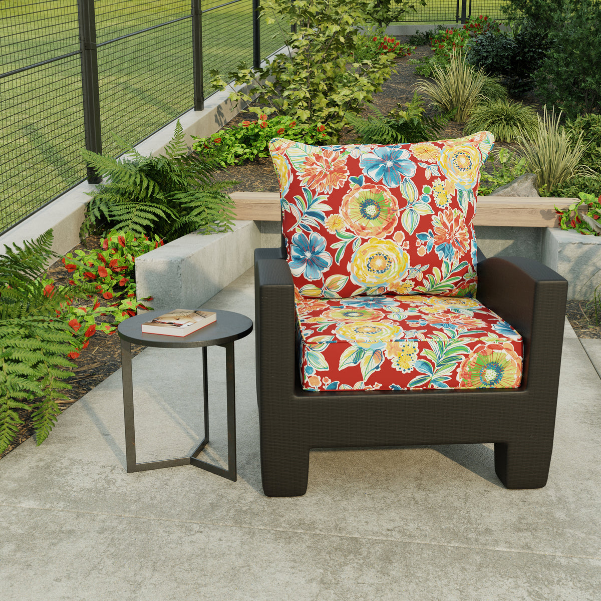 Colsen Berry Red Floral Rectangular Outdoor Deep Seating Chair Seat and Back Cushion with Welt V192