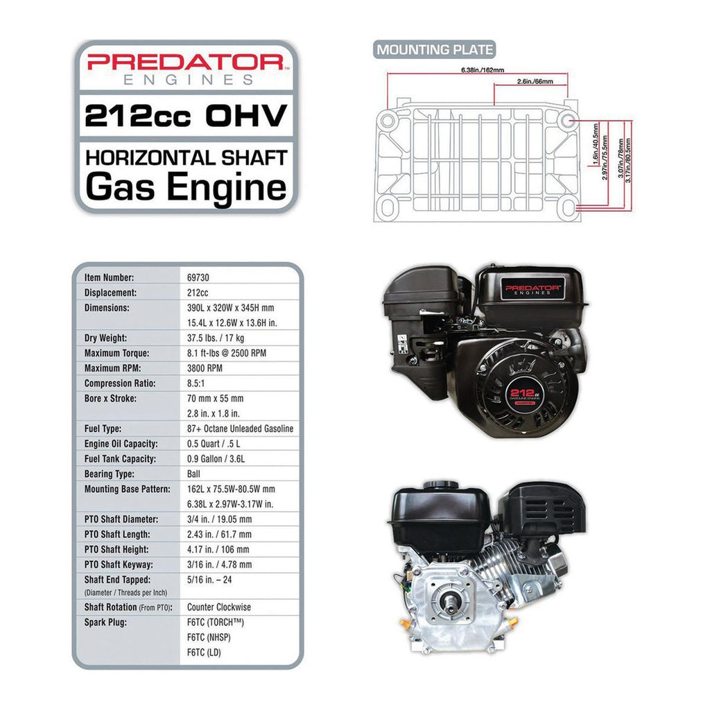6.5 HP 212cc OHV Horizontal-Shaft Gas Engine T5601