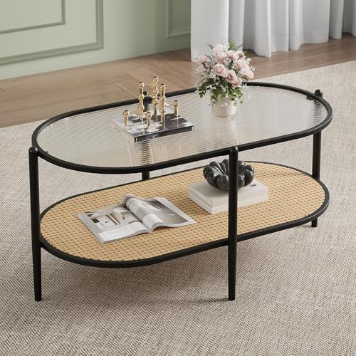 37" Rattan Oval Coffee Table, 2-Tier Storage Shelf Metal Frame B128
