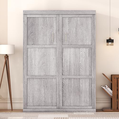 Full Size Grey Murphy Bed with Side Cabinet Storage N82756