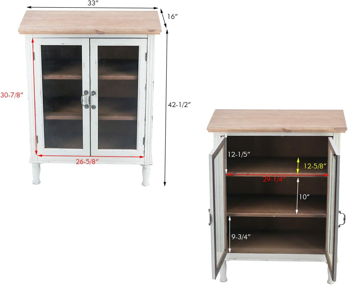 Rustic Farmhouse Buffet Sideboard Storage Cabinet with 2 Glass Doors, 3 Shelves, Natural Wood Top, Distressed White Cabinet, 42 H O8678