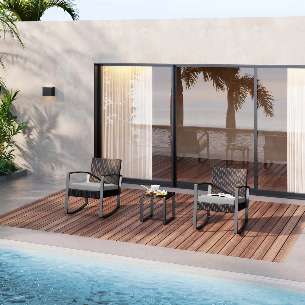 3 Pieces Wicker Patio Set with Glass Table Grey Cushion Y69476
