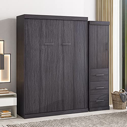 Full Size Grey Murphy Bed with Side Cabinet Storage N82756