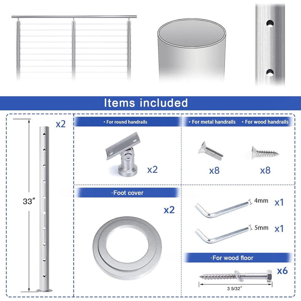 2Pack Stainless Steel Cable Railing Post Round 36x2.36 Surface Mount G2393
