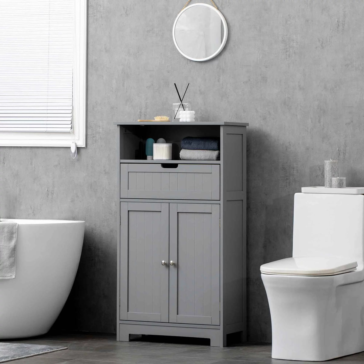 Grey Freestanding Bathroom Storage Cabinet with Drawer and Adjustable Shelf E4185