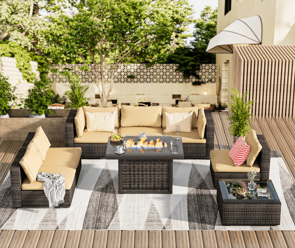 8 Pieces All Weather Wicker Sectional Sofa with Black-Glass Table Y723