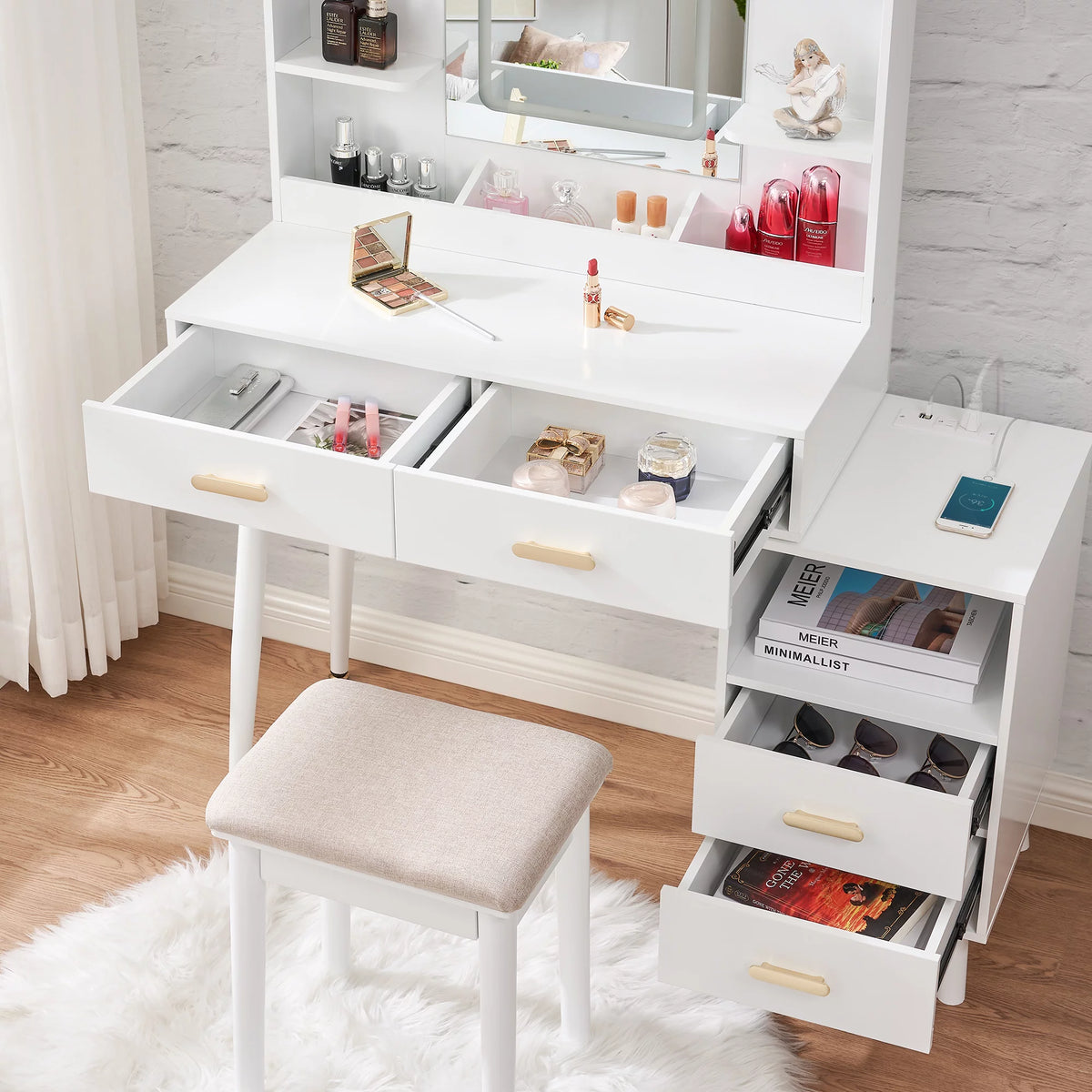 White Vanity Desk with Mirror and Lights Q57459