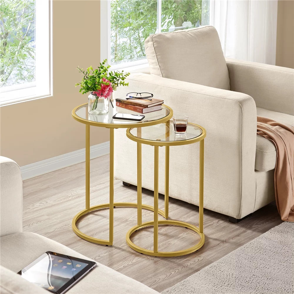 Round Nesting End Table Set with Metal Frame and Glass Top Q9014