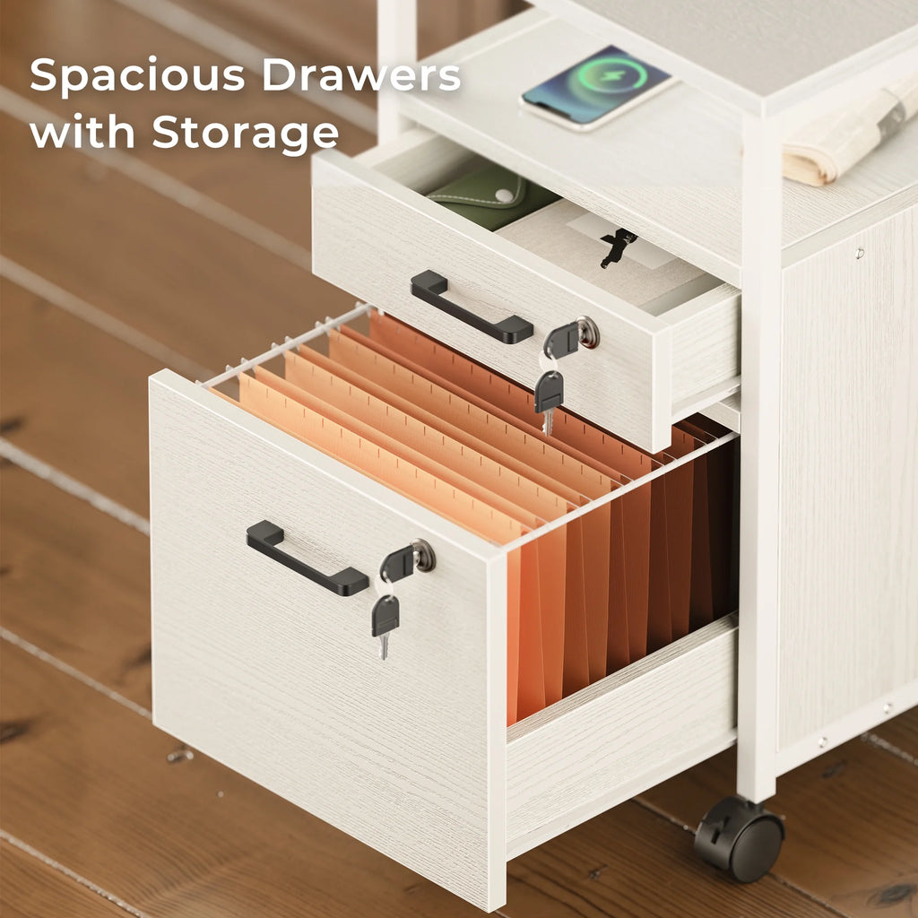 White 2 Drawer Mobile File Cabinet with Lock and Charging Station J65394