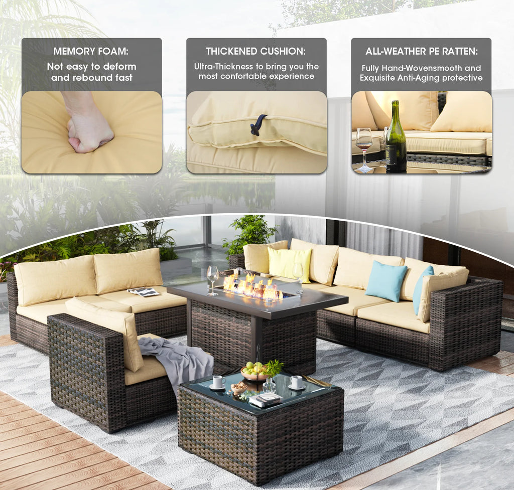 8 Pieces All Weather Wicker Sectional Sofa with Black-Glass Table Y723