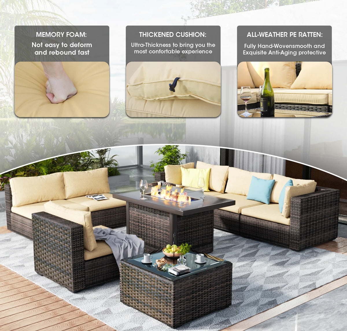 8 Pieces All Weather Wicker Sectional Sofa with Black-Glass Table Y723