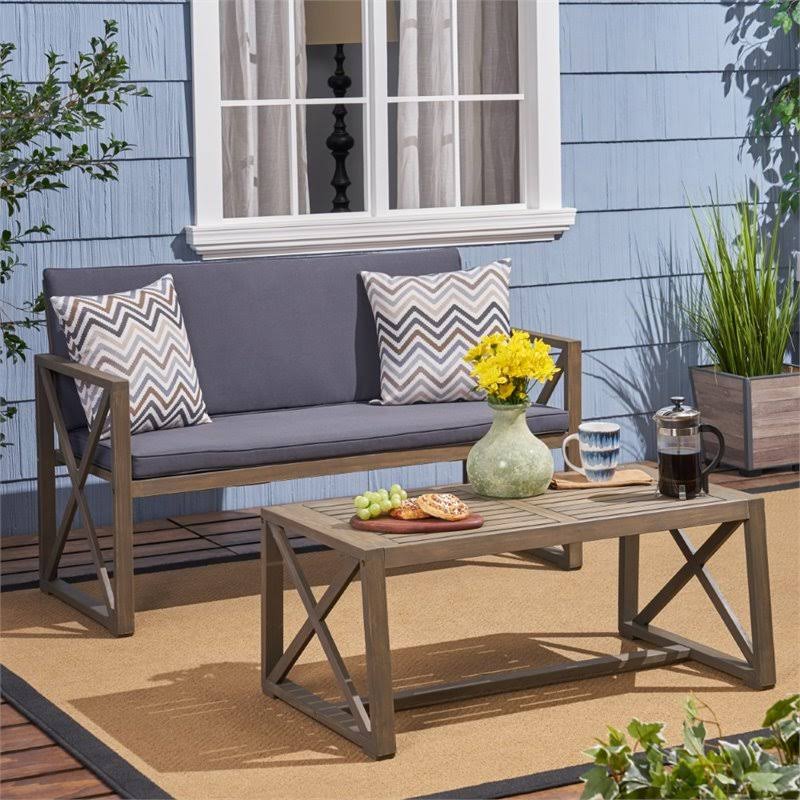 Gray Acacia Wood Outdoor Loveseat and Coffee Table Z378