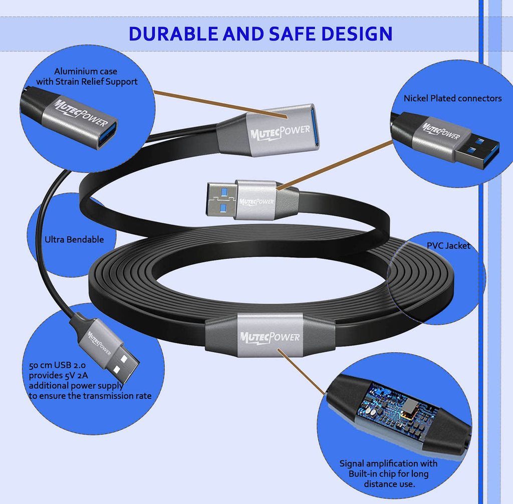 Black 50 Feet Active USB 3.0 Male to Female Extension Cable with 2 Boosters B557795