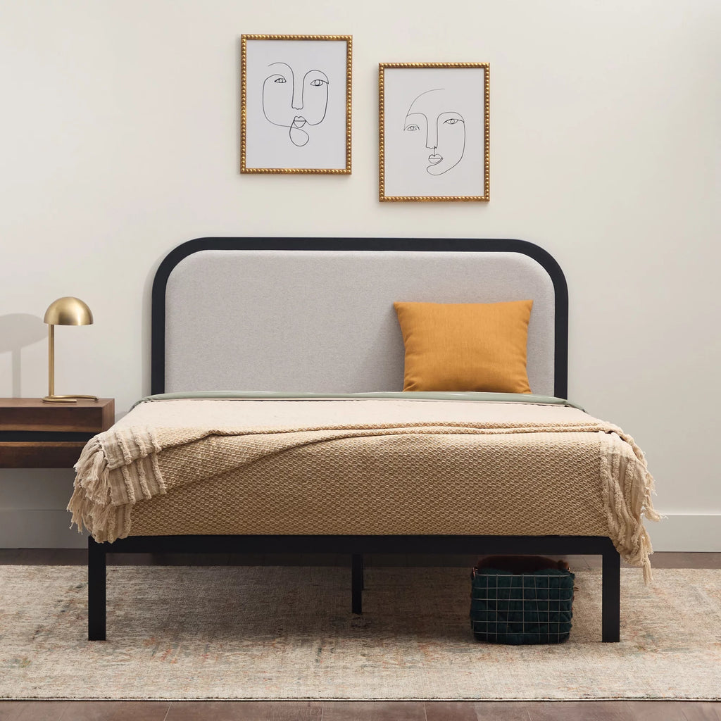 Queen Cream Metal Platform Bed with Upholstered Headboard P994