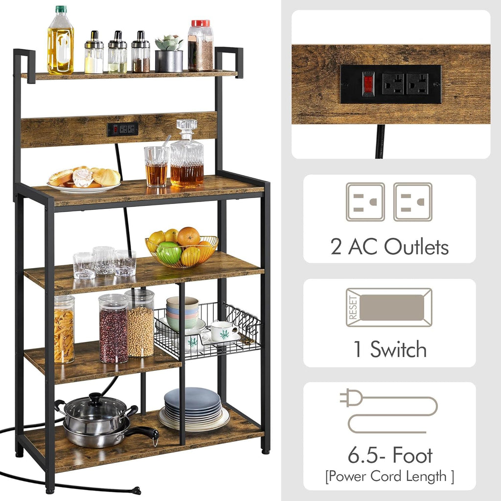 Rustic Brown 5-Tier Bakers Rack with Power Outlet J31143