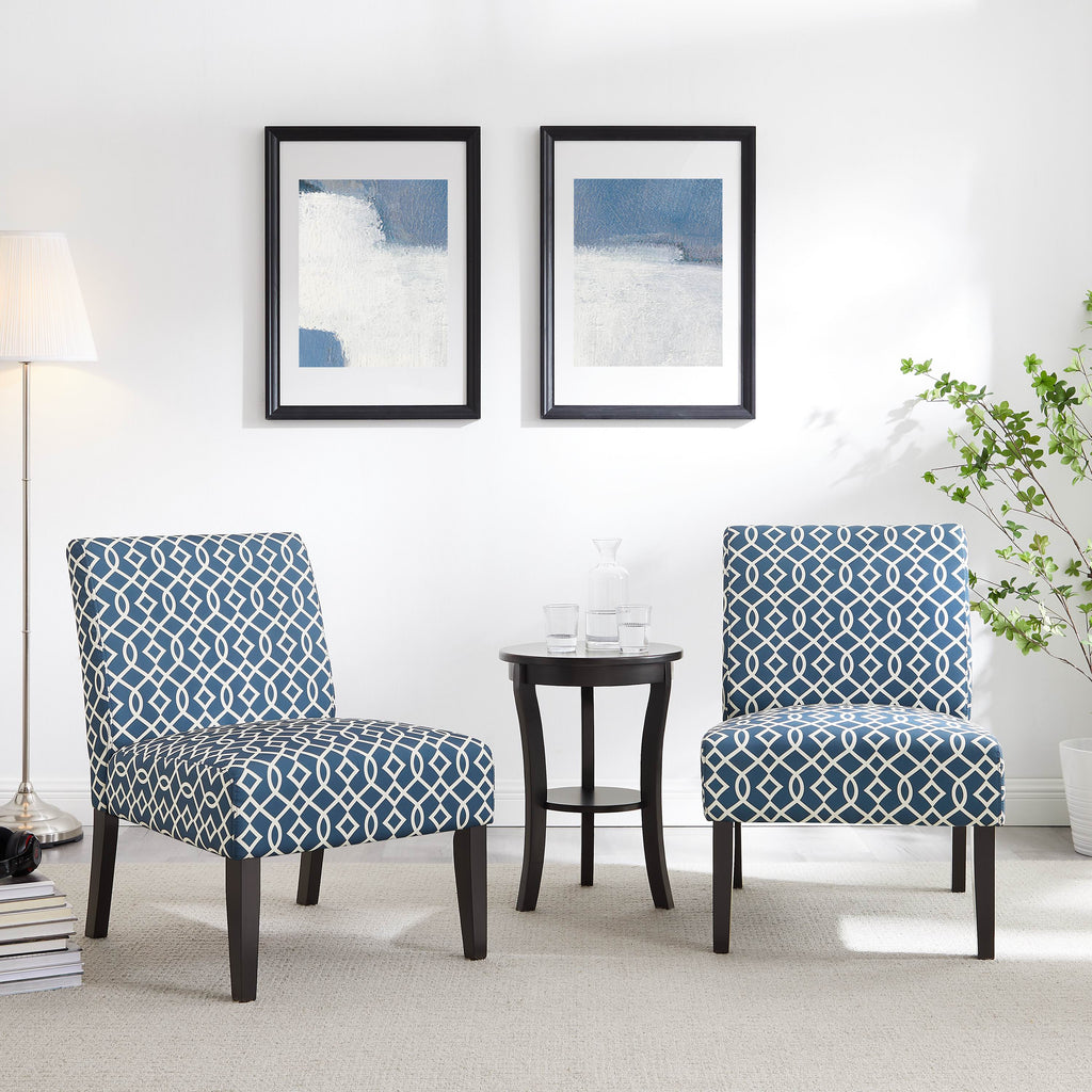 3pc Blue Fabric Upholstered Side Table and 2 Chairs O3764