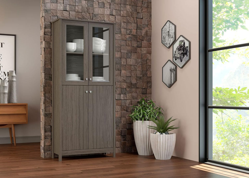 4-Door Bookcase in Grey with Glass and Wood Q946