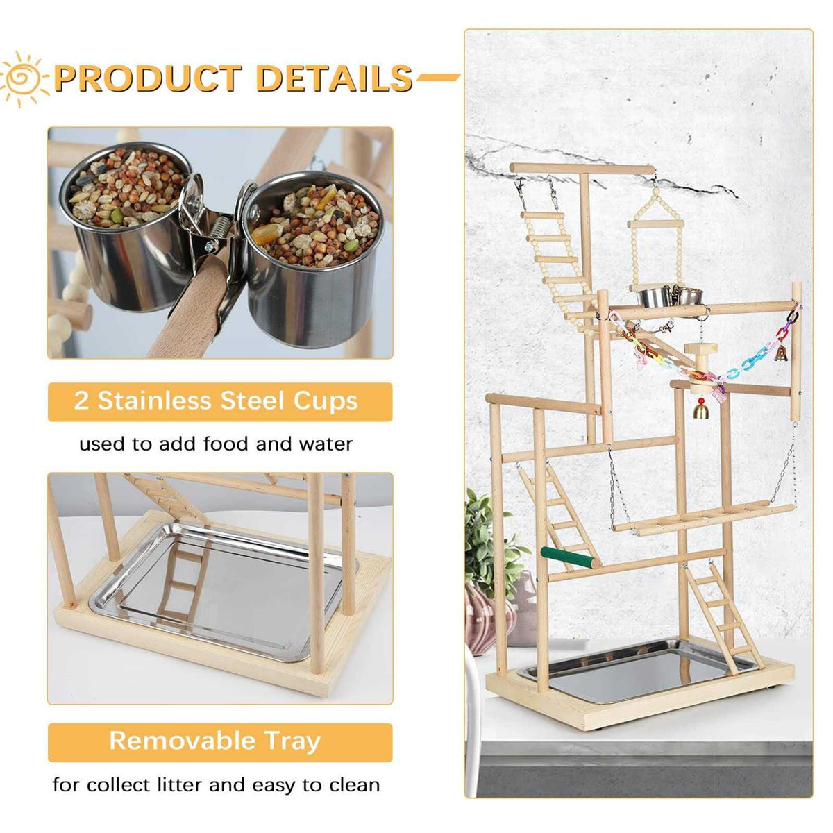Wood Bird Playstand with Feeder Cups and Bells M3294