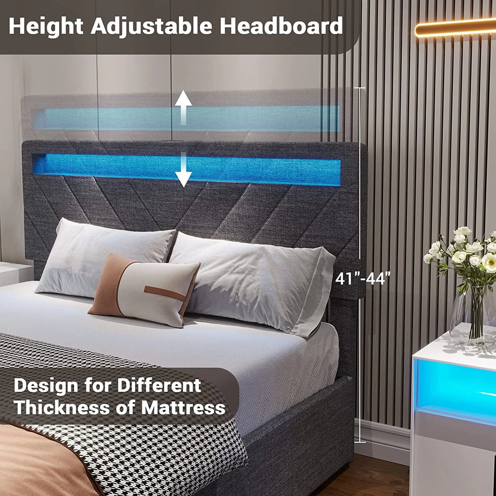 Queen Upholstered Platform Bed Frame with 4 Storage Drawers and LED Headboard A9811