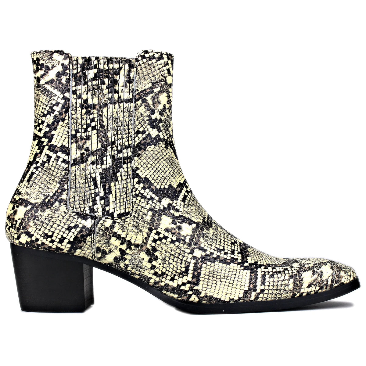 Beige Chelsea Snake Prints Leather Slip-On Dress Boots C4797
