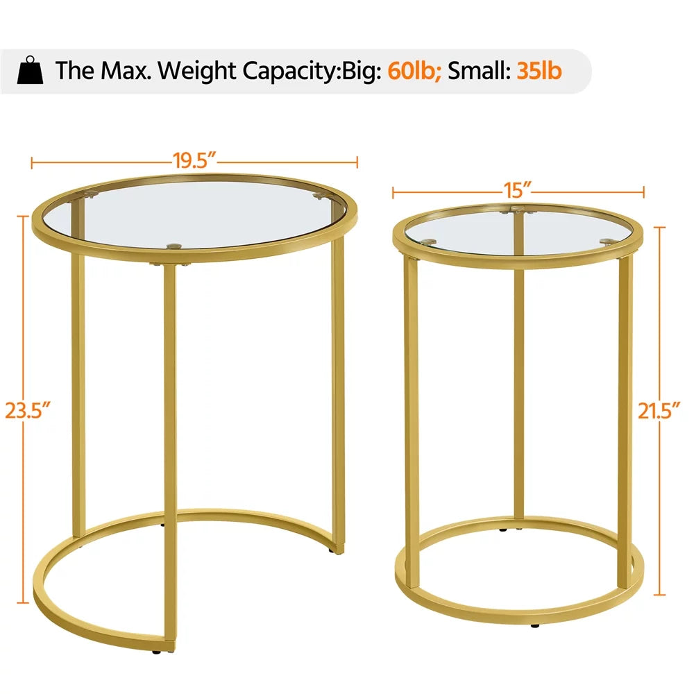 Round Nesting End Table Set with Metal Frame and Glass Top Q9014