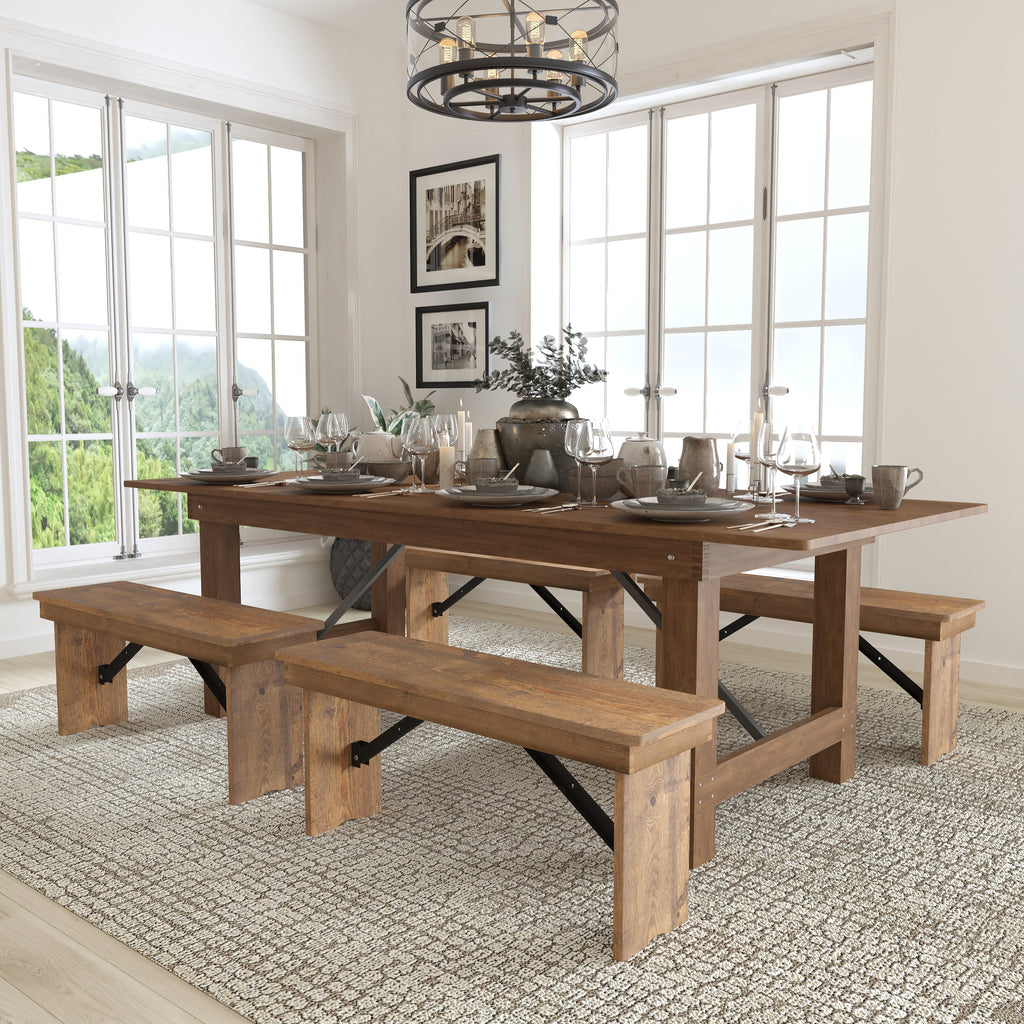 Antique Rustic Folding Farm Table and Bench Set W41489