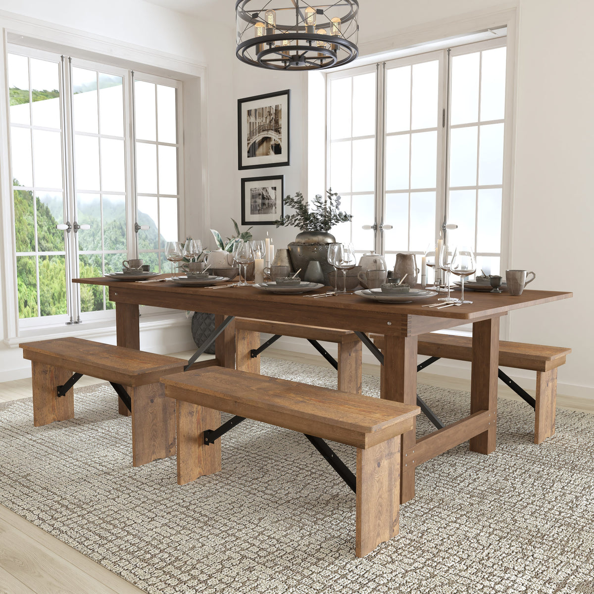 Antique Rustic Folding Farm Table and Bench Set W41489