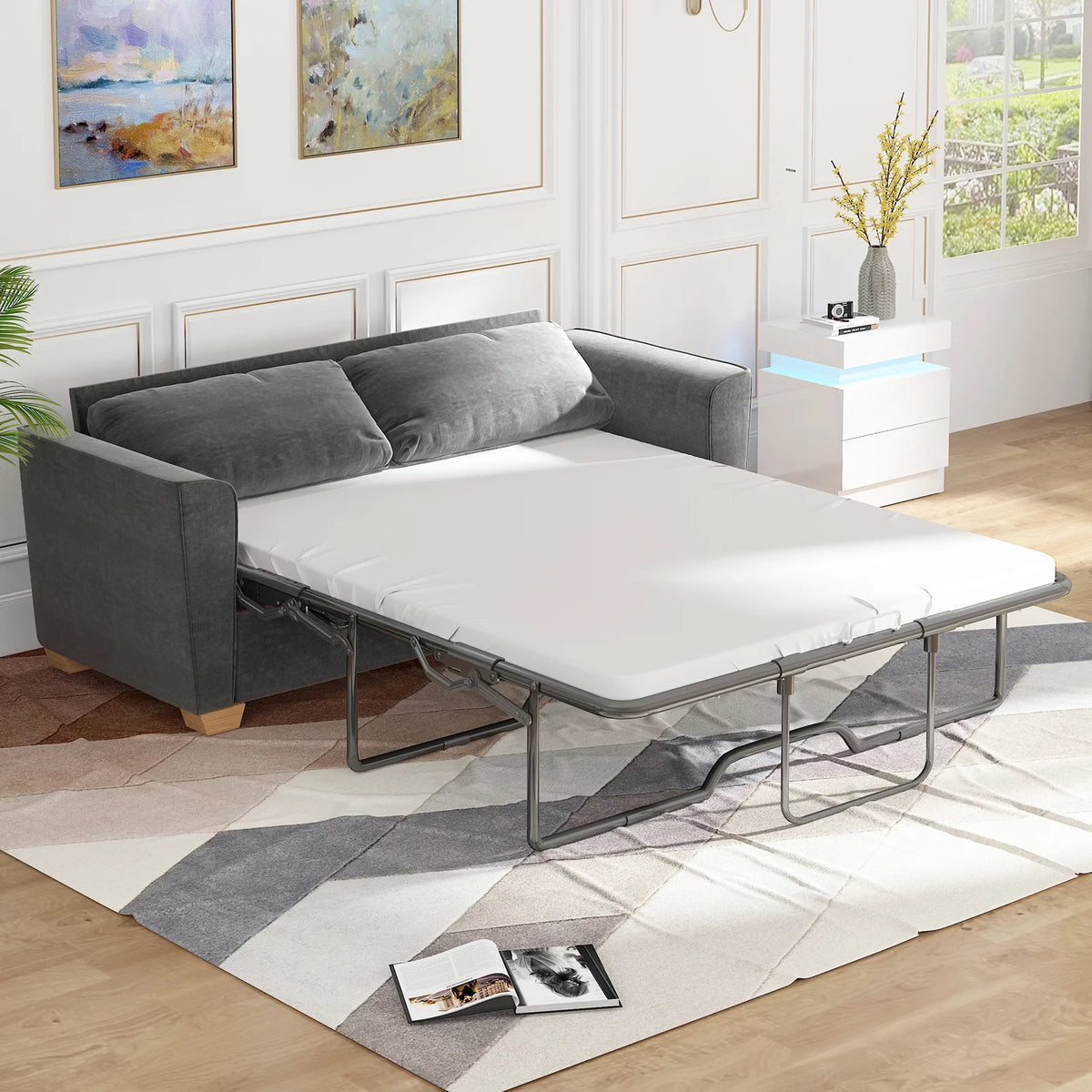 Grey Full Pull Out Sofa Bed with Memory Foam Mattress D9670